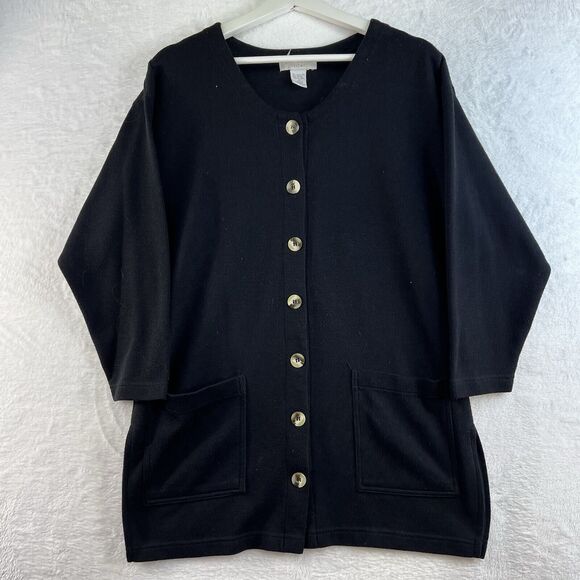 Vtg Express Tricot XS Cardigan Sweater Button Up Long Relax Black Whimsigoth - Picture 2 of 12